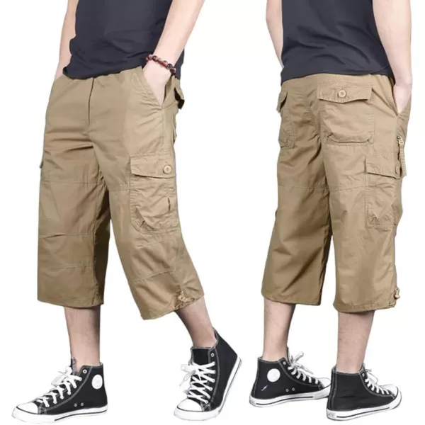 MAGNIVIT Mens Capri Long Elastic Cargo Shorts Below Knee Shorts 34 Cotton Cargo Casual Shorts with MultiPocketsKhaki