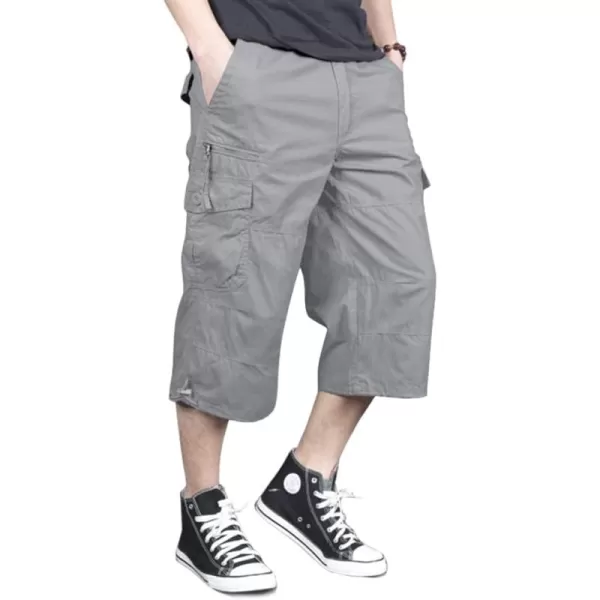 MAGNIVIT Mens Capri Long Elastic Cargo Shorts Below Knee Shorts 34 Cotton Cargo Casual Shorts with MultiPocketsLight Grey