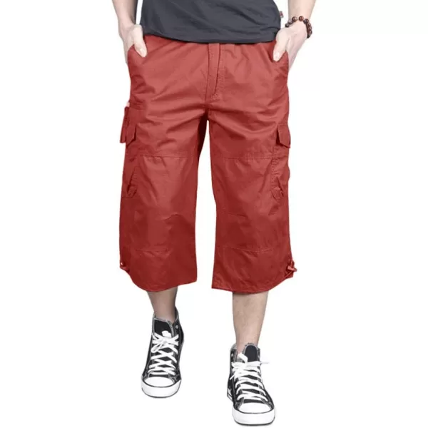 MAGNIVIT Mens Capri Long Elastic Cargo Shorts Below Knee Shorts 34 Cotton Cargo Casual Shorts with MultiPocketsRed