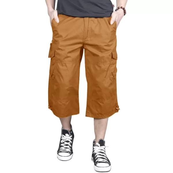 MAGNIVIT Mens Capri Long Elastic Cargo Shorts Below Knee Shorts 34 Cotton Cargo Casual Shorts with MultiPocketsYellow