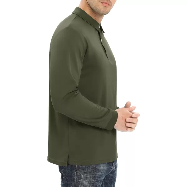 MAGNIVIT Mens Casual Polo Shirt Quick Dry Lightweight Moisture Wicking Golf Long Sleeve Shirt with 3ButtonsArmy Green