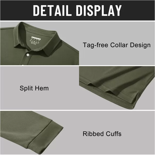 MAGNIVIT Mens Casual Polo Shirt Quick Dry Lightweight Moisture Wicking Golf Long Sleeve Shirt with 3ButtonsArmy Green