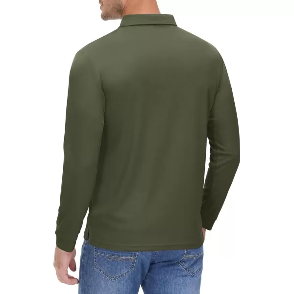 MAGNIVIT Mens Casual Polo Shirt Quick Dry Lightweight Moisture Wicking Golf Long Sleeve Shirt with 3ButtonsArmy Green