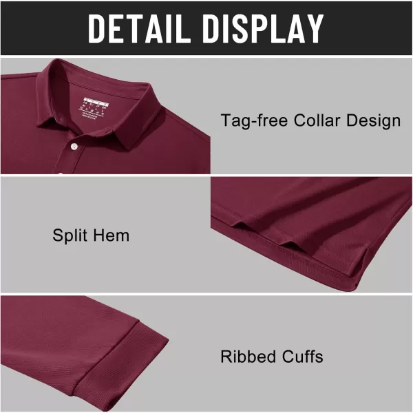 MAGNIVIT Mens Casual Polo Shirt Quick Dry Lightweight Moisture Wicking Golf Long Sleeve Shirt with 3ButtonsWine Red