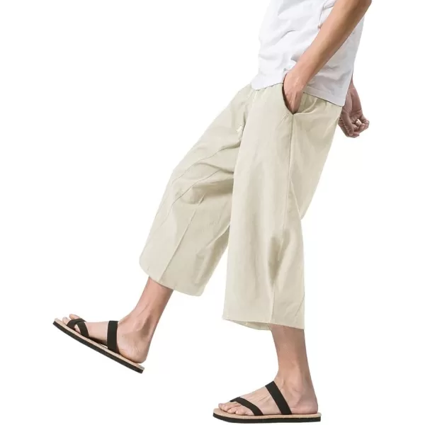 MAGNIVIT Mens Linen Cotton Capri Pants Loose Fit Elastic Waist Wide Leg Baggy Harem PantsBeige