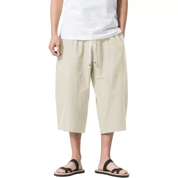 MAGNIVIT Mens Linen Cotton Capri Pants Loose Fit Elastic Waist Wide Leg Baggy Harem PantsBeige