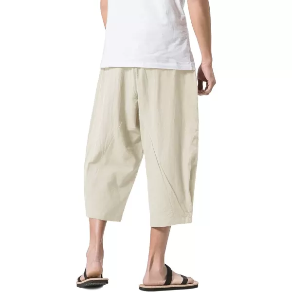 MAGNIVIT Mens Linen Cotton Capri Pants Loose Fit Elastic Waist Wide Leg Baggy Harem PantsBeige