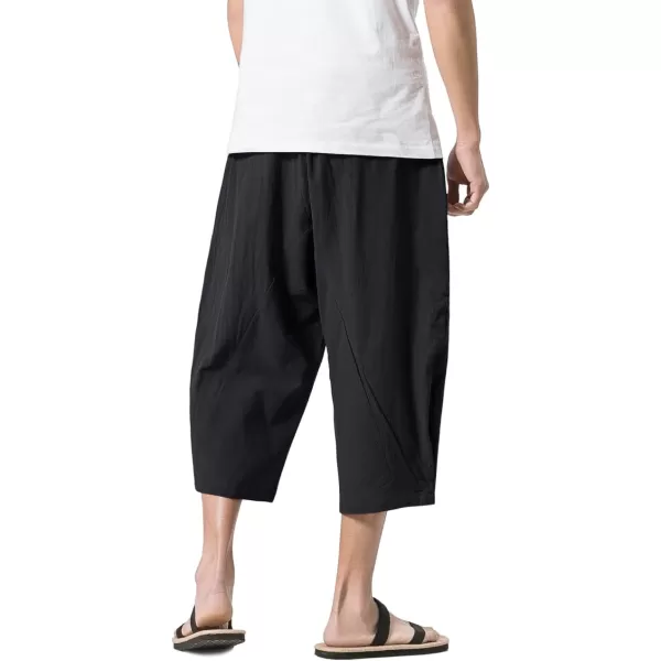 MAGNIVIT Mens Linen Cotton Capri Pants Loose Fit Elastic Waist Wide Leg Baggy Harem PantsBlack