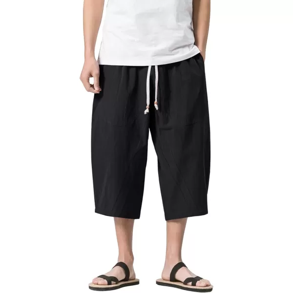 MAGNIVIT Mens Linen Cotton Capri Pants Loose Fit Elastic Waist Wide Leg Baggy Harem PantsBlack