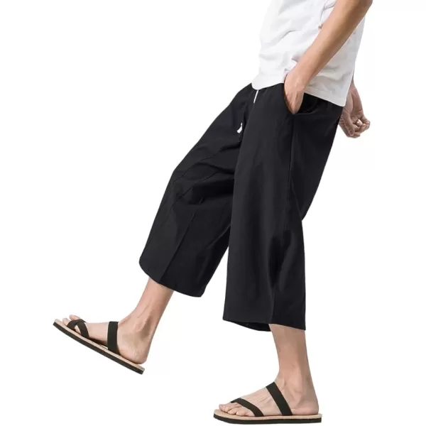 MAGNIVIT Mens Linen Cotton Capri Pants Loose Fit Elastic Waist Wide Leg Baggy Harem PantsBlack