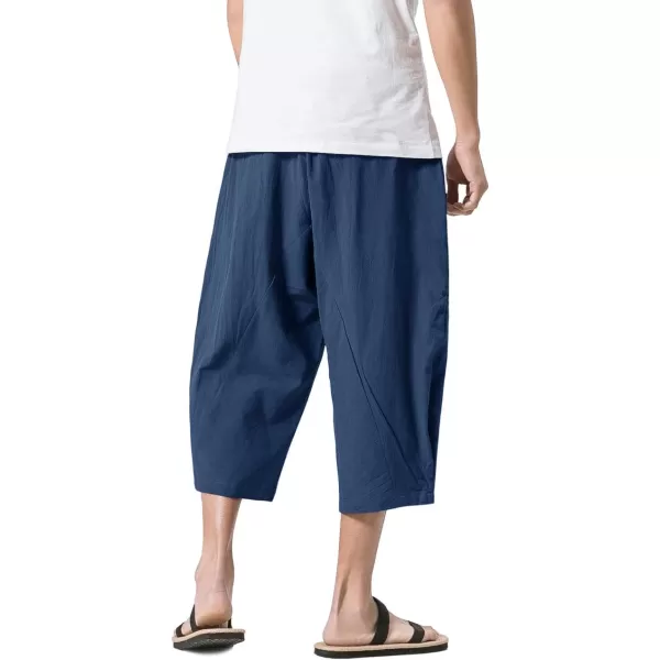 MAGNIVIT Mens Linen Cotton Capri Pants Loose Fit Elastic Waist Wide Leg Baggy Harem PantsBlue Grey