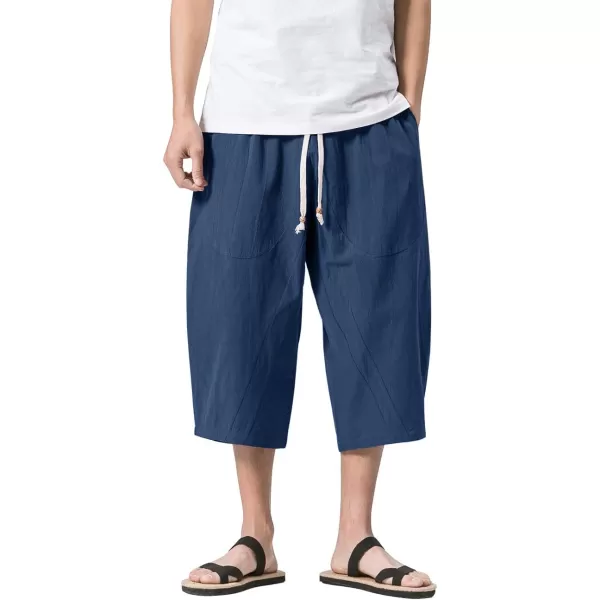 MAGNIVIT Mens Linen Cotton Capri Pants Loose Fit Elastic Waist Wide Leg Baggy Harem PantsBlue Grey