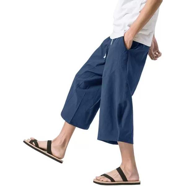 MAGNIVIT Mens Linen Cotton Capri Pants Loose Fit Elastic Waist Wide Leg Baggy Harem PantsBlue Grey