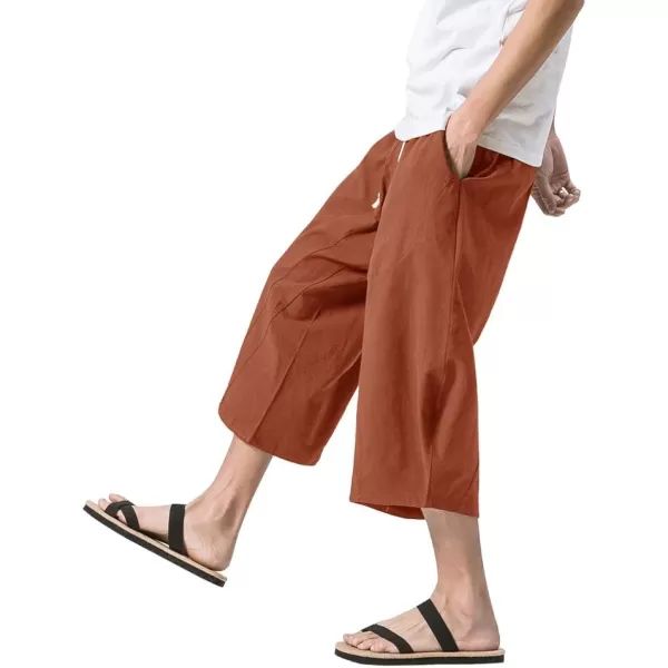 MAGNIVIT Mens Linen Cotton Capri Pants Loose Fit Elastic Waist Wide Leg Baggy Harem PantsBrick Red