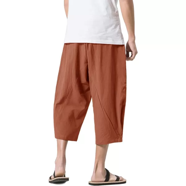 MAGNIVIT Mens Linen Cotton Capri Pants Loose Fit Elastic Waist Wide Leg Baggy Harem PantsBrick Red