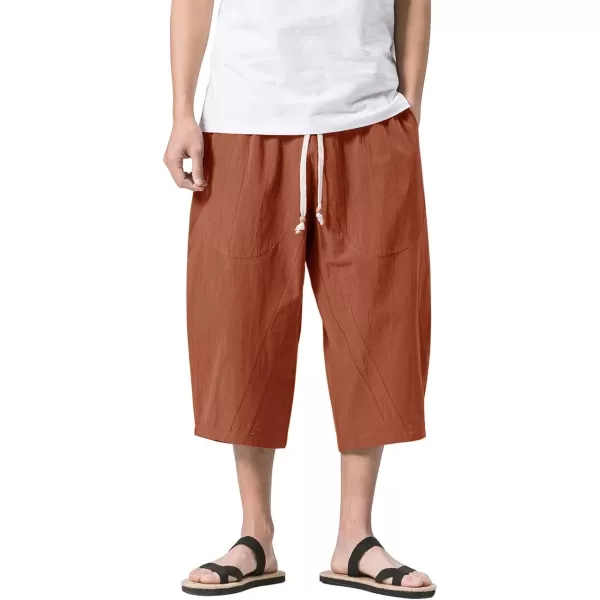 MAGNIVIT Mens Linen Cotton Capri Pants Loose Fit Elastic Waist Wide Leg Baggy Harem PantsBrick Red