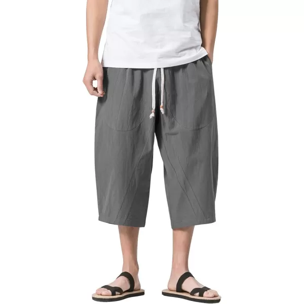 MAGNIVIT Mens Linen Cotton Capri Pants Loose Fit Elastic Waist Wide Leg Baggy Harem PantsGrey