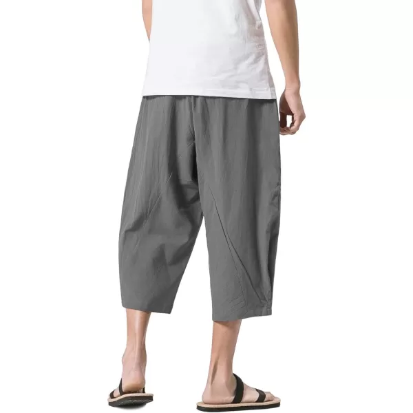 MAGNIVIT Mens Linen Cotton Capri Pants Loose Fit Elastic Waist Wide Leg Baggy Harem PantsGrey