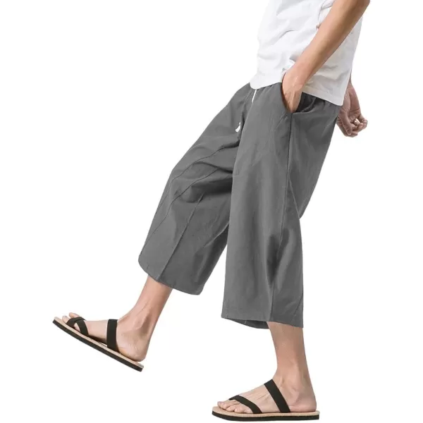 MAGNIVIT Mens Linen Cotton Capri Pants Loose Fit Elastic Waist Wide Leg Baggy Harem PantsGrey