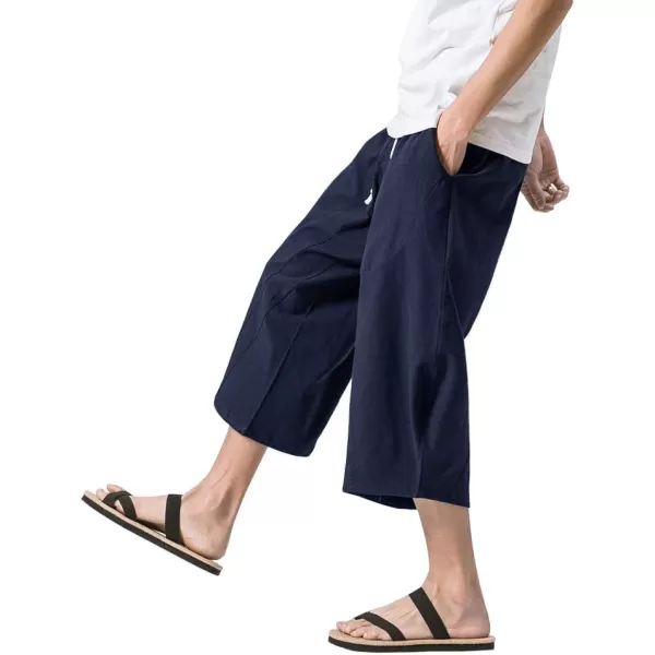 MAGNIVIT Mens Linen Cotton Capri Pants Loose Fit Elastic Waist Wide Leg Baggy Harem PantsNavy Blue