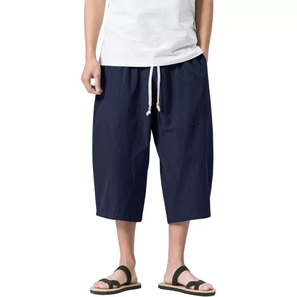 MAGNIVIT Mens Linen Cotton Capri Pants Loose Fit Elastic Waist Wide Leg Baggy Harem PantsNavy Blue