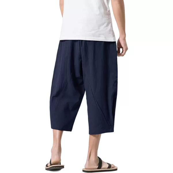 MAGNIVIT Mens Linen Cotton Capri Pants Loose Fit Elastic Waist Wide Leg Baggy Harem PantsNavy Blue