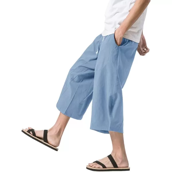 MAGNIVIT Mens Linen Cotton Capri Pants Loose Fit Elastic Waist Wide Leg Baggy Harem PantsSky Blue