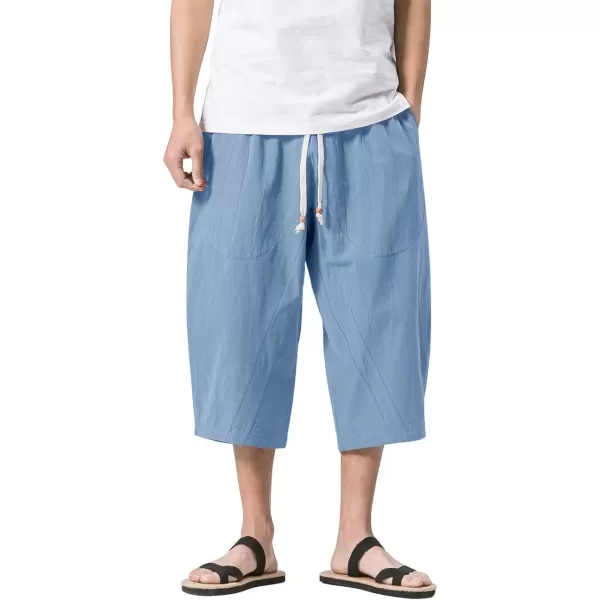 MAGNIVIT Mens Linen Cotton Capri Pants Loose Fit Elastic Waist Wide Leg Baggy Harem PantsSky Blue