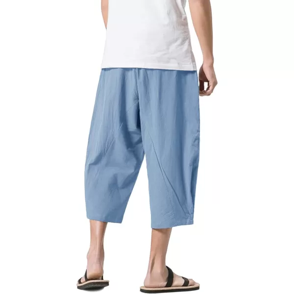 MAGNIVIT Mens Linen Cotton Capri Pants Loose Fit Elastic Waist Wide Leg Baggy Harem PantsSky Blue