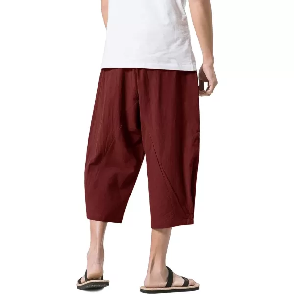 MAGNIVIT Mens Linen Cotton Capri Pants Loose Fit Elastic Waist Wide Leg Baggy Harem PantsWine Red