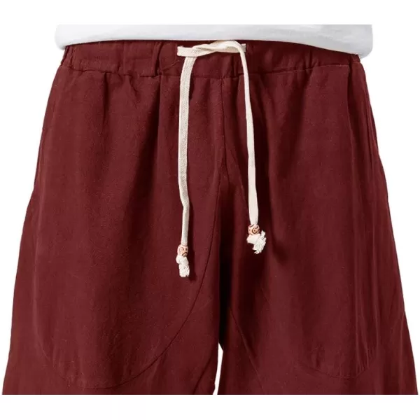 MAGNIVIT Mens Linen Cotton Capri Pants Loose Fit Elastic Waist Wide Leg Baggy Harem PantsWine Red