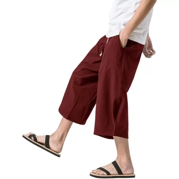 MAGNIVIT Mens Linen Cotton Capri Pants Loose Fit Elastic Waist Wide Leg Baggy Harem PantsWine Red