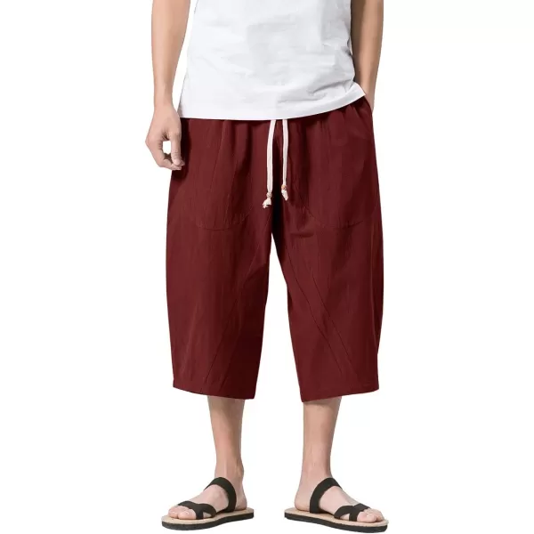 MAGNIVIT Mens Linen Cotton Capri Pants Loose Fit Elastic Waist Wide Leg Baggy Harem PantsWine Red