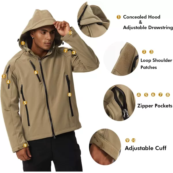 MAGNIVIT Mens Tactical Jacket 8 Pockets Winter Water Resistant Softshell Hiking Military Coats JacketsKhaki