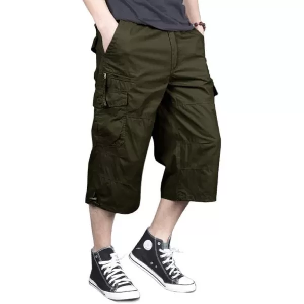 MAGNIVIT Mens Capri Long Elastic Cargo Shorts Below Knee Shorts 34 Cotton Cargo Casual Shorts with MultiPocketsArmy Green