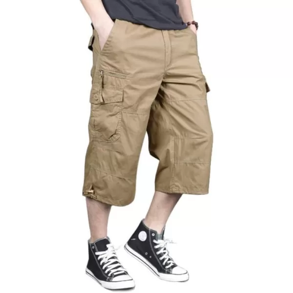 MAGNIVIT Mens Capri Long Elastic Cargo Shorts Below Knee Shorts 34 Cotton Cargo Casual Shorts with MultiPocketsKhaki