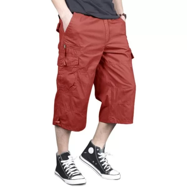 MAGNIVIT Mens Capri Long Elastic Cargo Shorts Below Knee Shorts 34 Cotton Cargo Casual Shorts with MultiPocketsRed