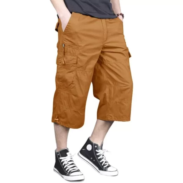 MAGNIVIT Mens Capri Long Elastic Cargo Shorts Below Knee Shorts 34 Cotton Cargo Casual Shorts with MultiPocketsYellow