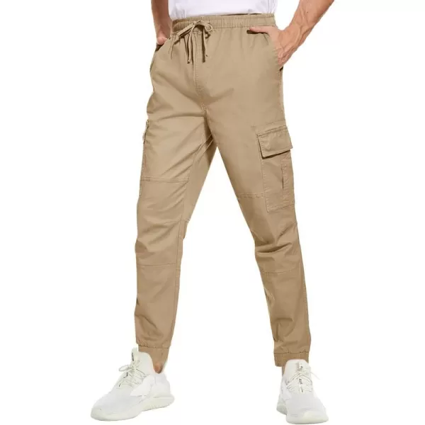 MAGNIVIT Mens Cargo Pants Multi Pockets Drawstring Comfortable Cotton Joggers Hiking Travel Casual Outdoor TrousersKhaki