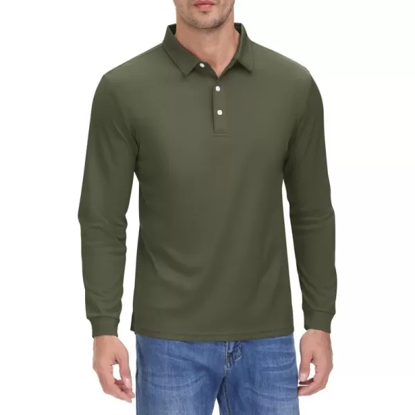 MAGNIVIT Mens Casual Polo Shirt Quick Dry Lightweight Moisture Wicking Golf Long Sleeve Shirt with 3ButtonsArmy Green