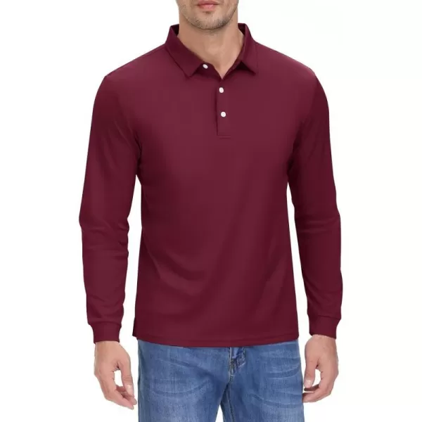 MAGNIVIT Mens Casual Polo Shirt Quick Dry Lightweight Moisture Wicking Golf Long Sleeve Shirt with 3ButtonsWine Red