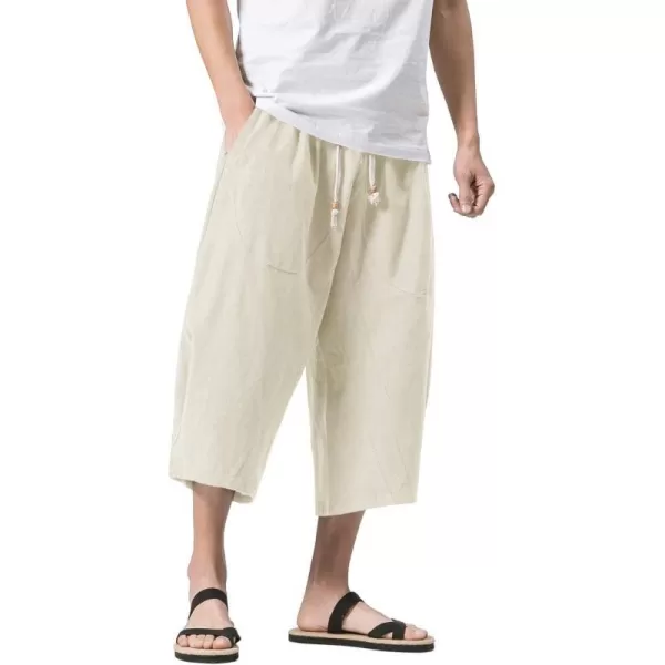 MAGNIVIT Mens Linen Cotton Capri Pants Loose Fit Elastic Waist Wide Leg Baggy Harem PantsBeige