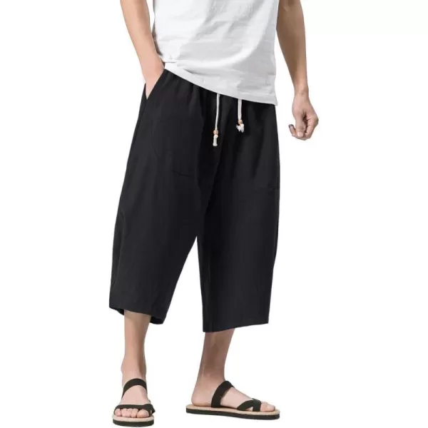 MAGNIVIT Mens Linen Cotton Capri Pants Loose Fit Elastic Waist Wide Leg Baggy Harem PantsBlack