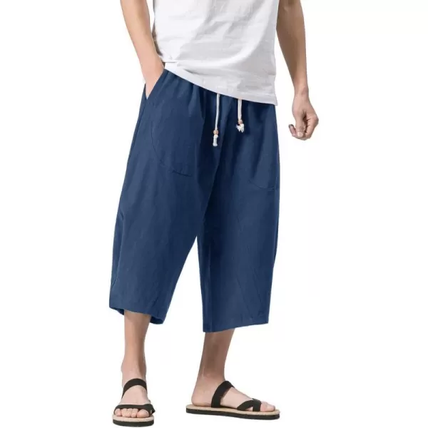 MAGNIVIT Mens Linen Cotton Capri Pants Loose Fit Elastic Waist Wide Leg Baggy Harem PantsBlue Grey