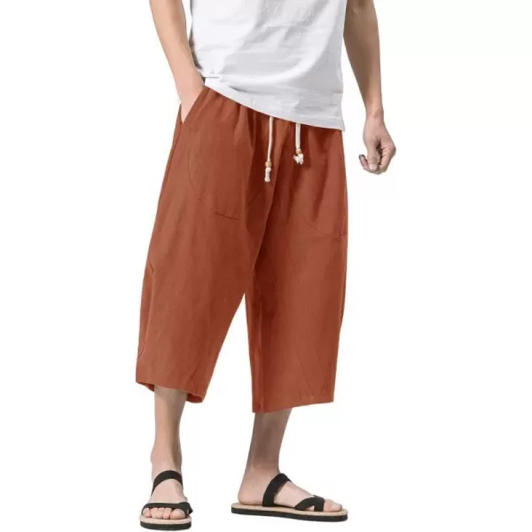 MAGNIVIT Mens Linen Cotton Capri Pants Loose Fit Elastic Waist Wide Leg Baggy Harem PantsBrick Red