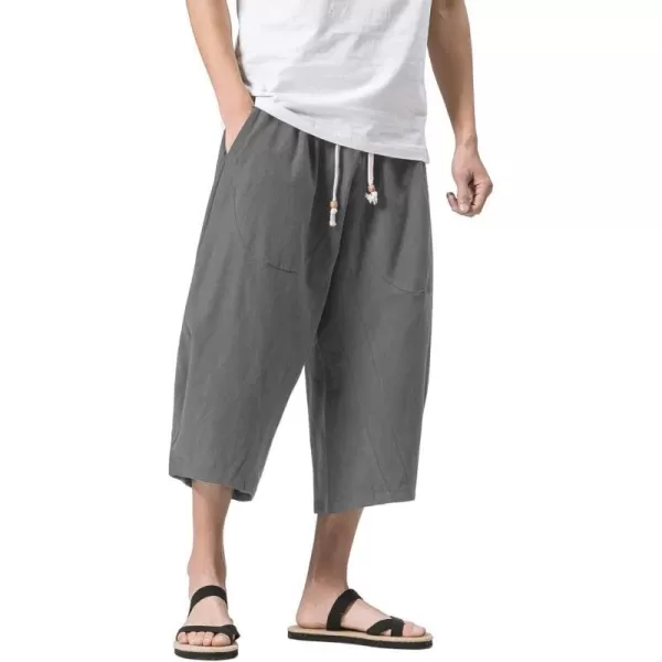 MAGNIVIT Mens Linen Cotton Capri Pants Loose Fit Elastic Waist Wide Leg Baggy Harem PantsGrey