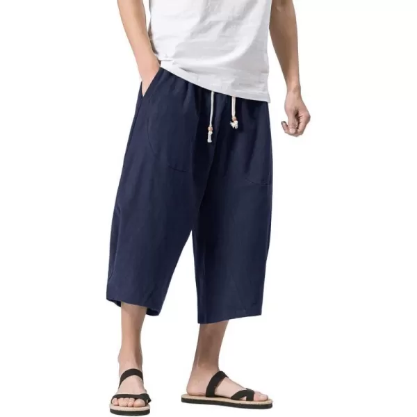 MAGNIVIT Mens Linen Cotton Capri Pants Loose Fit Elastic Waist Wide Leg Baggy Harem PantsNavy Blue