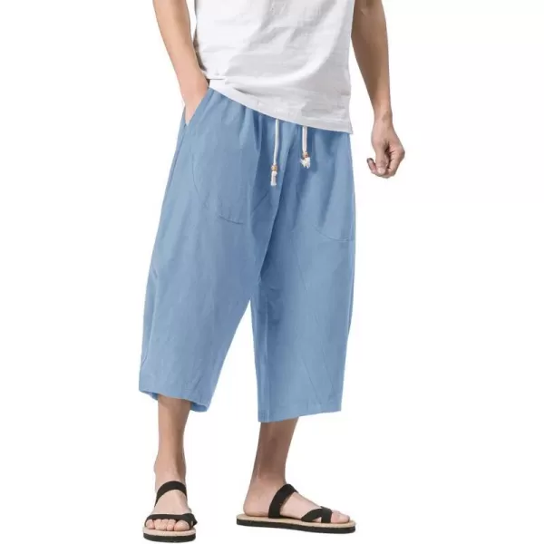 MAGNIVIT Mens Linen Cotton Capri Pants Loose Fit Elastic Waist Wide Leg Baggy Harem PantsSky Blue