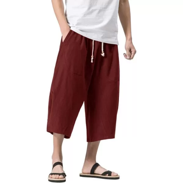 MAGNIVIT Mens Linen Cotton Capri Pants Loose Fit Elastic Waist Wide Leg Baggy Harem PantsWine Red