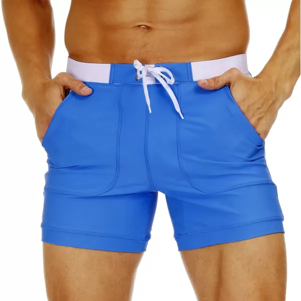 MAGNIVIT Mens Swimwear Swimsuits Solid Basic Long Swim Sport Trunks Board Shorts with PocketsBlue